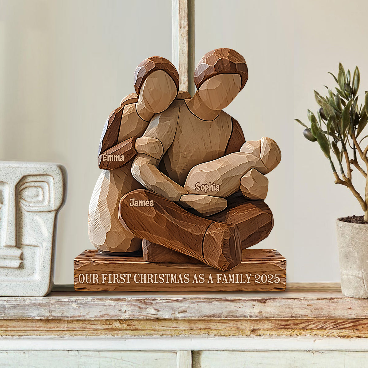Unser erstes Weihnachtsfest als Familie – Personalisierte, individuell geformte Holzplakette für die Familie