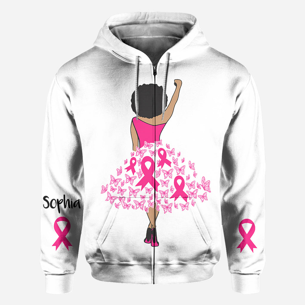 Schwarze Frau Stärke Rosa Schleife - Personalisiertes T-Shirt zur Sensibilisierung für Brustkrebs