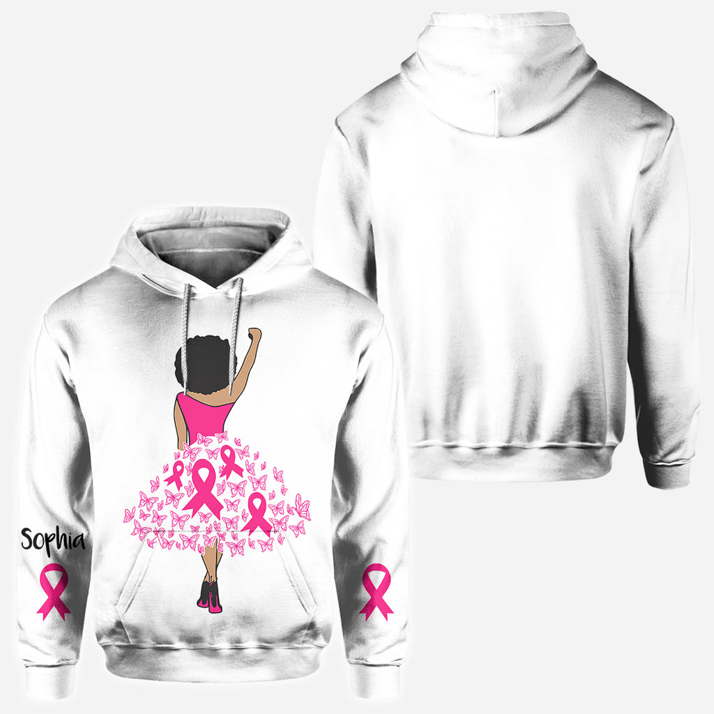 Schwarze Frau Stärke Rosa Schleife - Personalisiertes T-Shirt zur Sensibilisierung für Brustkrebs