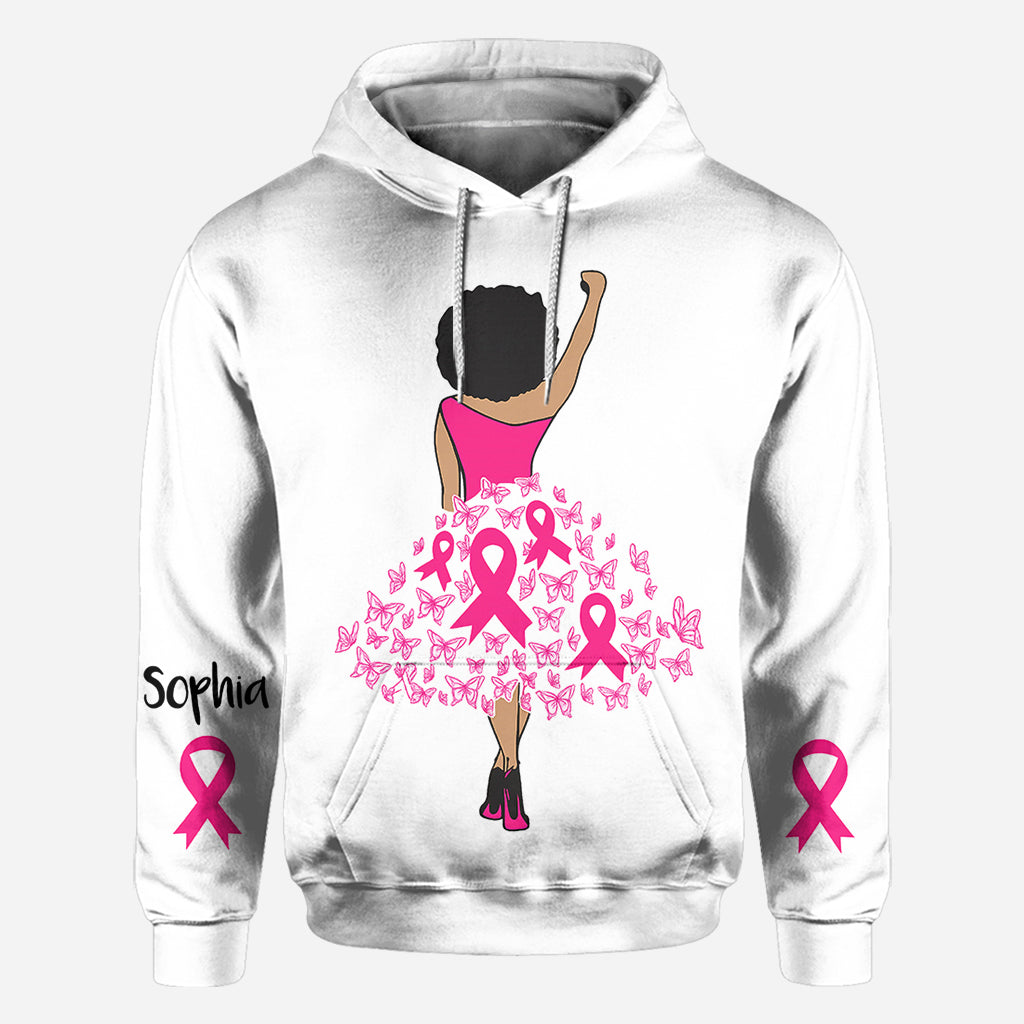 Schwarze Frau Stärke Rosa Schleife - Personalisiertes T-Shirt zur Sensibilisierung für Brustkrebs