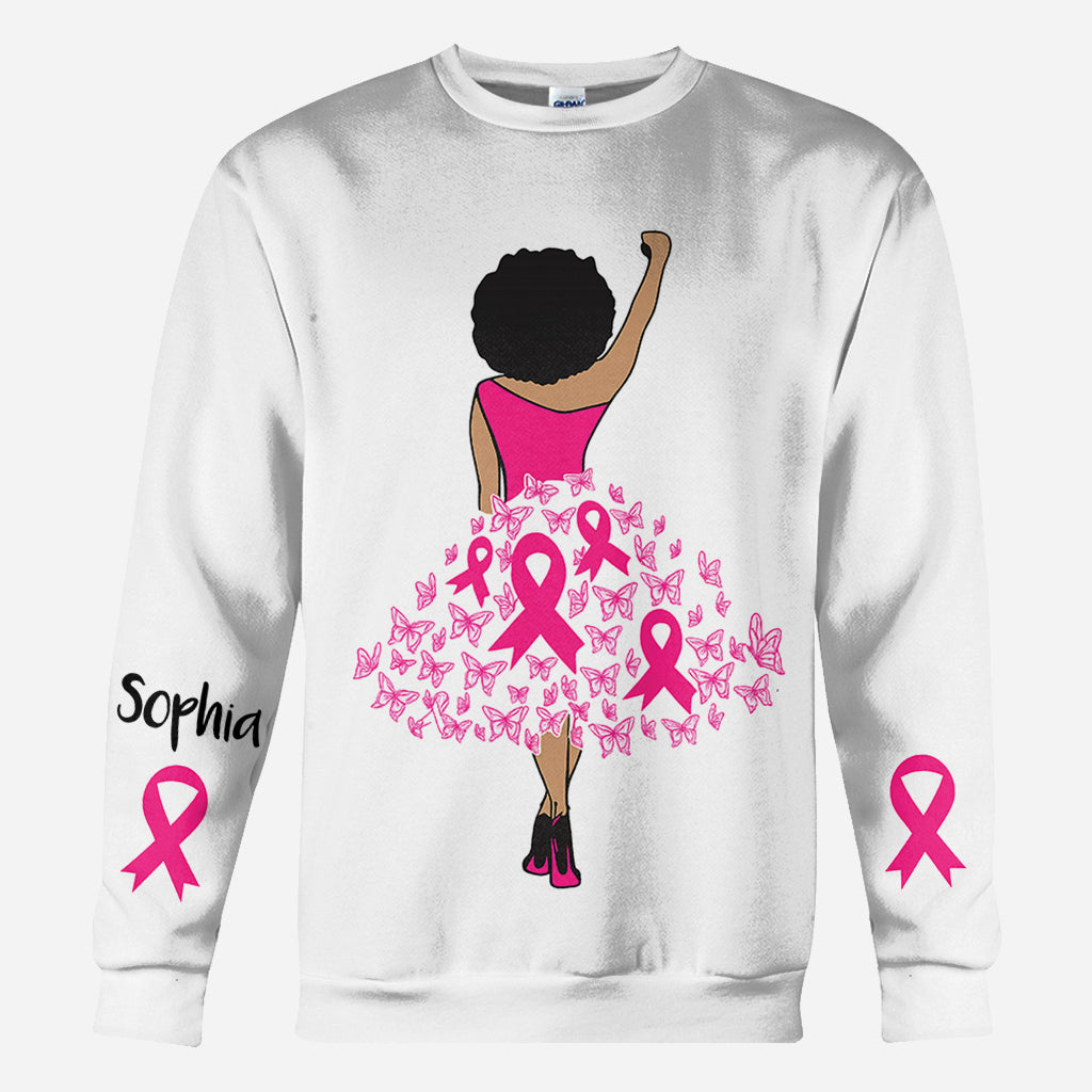 Schwarze Frau Stärke Rosa Schleife - Personalisiertes T-Shirt zur Sensibilisierung für Brustkrebs