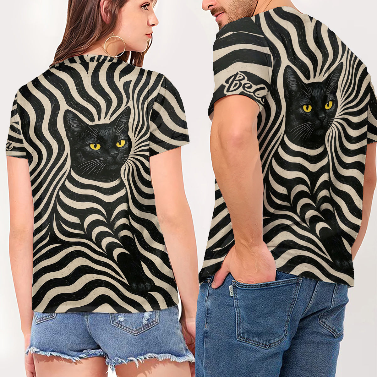 Cool Psychedelic Style Artistic Black Cat - Personalized Black Cat Fully Printed V-Neck T-Shirt