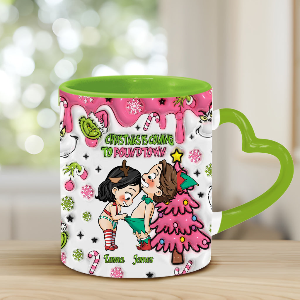 Christmas Is Coming - Personalized Couple Heart Handle Mug
