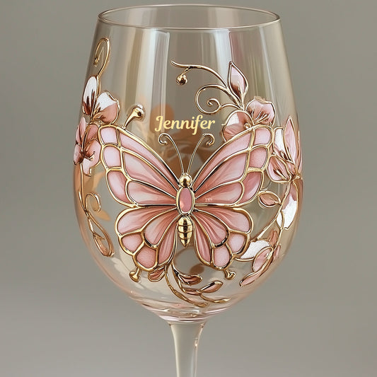 Rosafarbenes Schmetterlingsglas – personalisiertes Schmetterlings-Weinglas mit langem Stiel