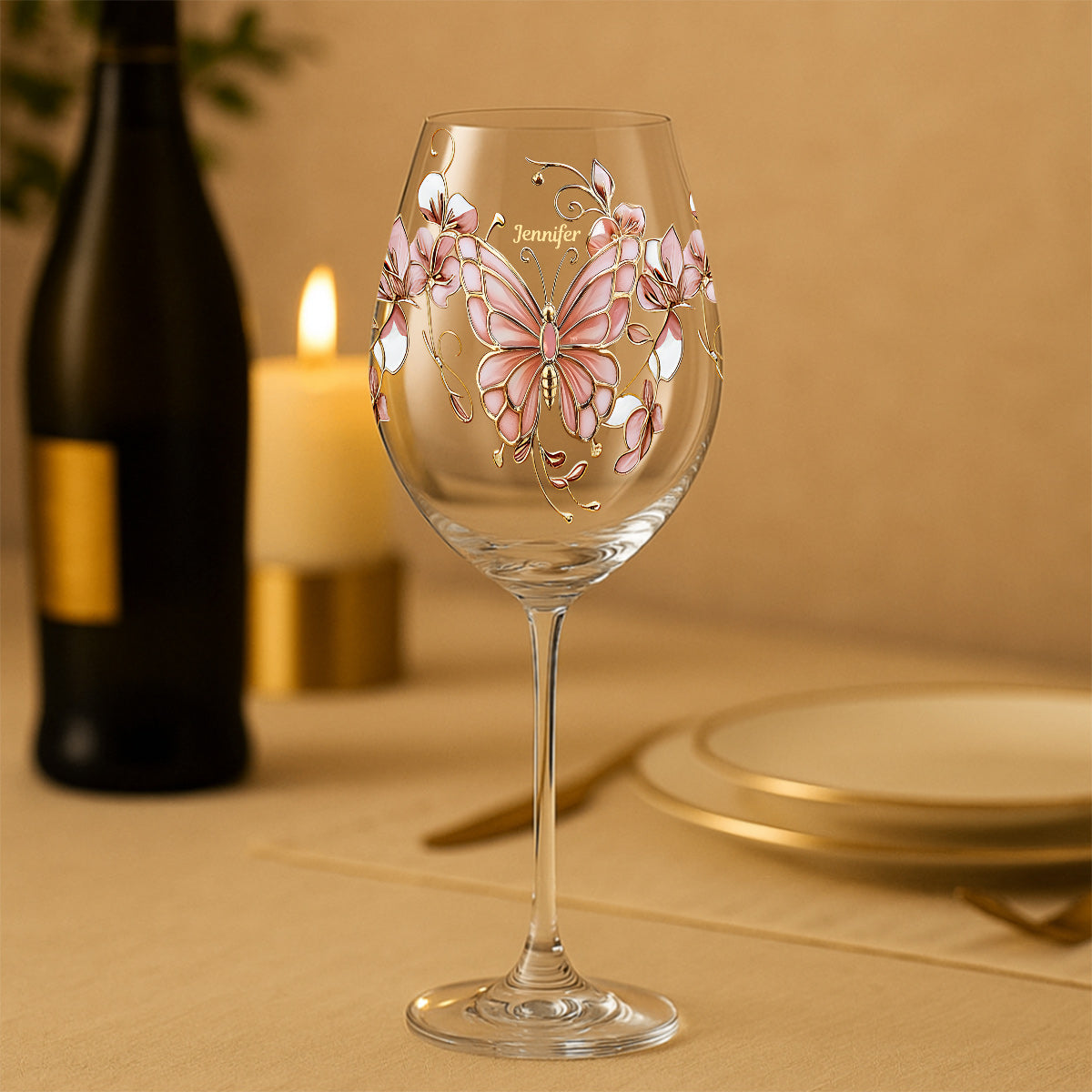 Pink Glass Butterfly - Personalized Butterfly Wine Glass With Long Stem