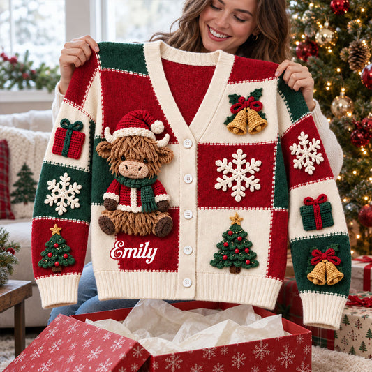 Love Highland Cow Christmas Gift - Personalized Highland Cow Cardigan Sweater