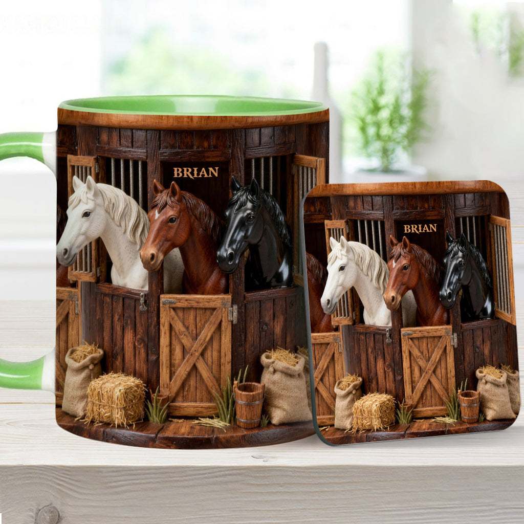 Stall – Personalisierte Tasse und Untersetzer mit Pferdemotiv