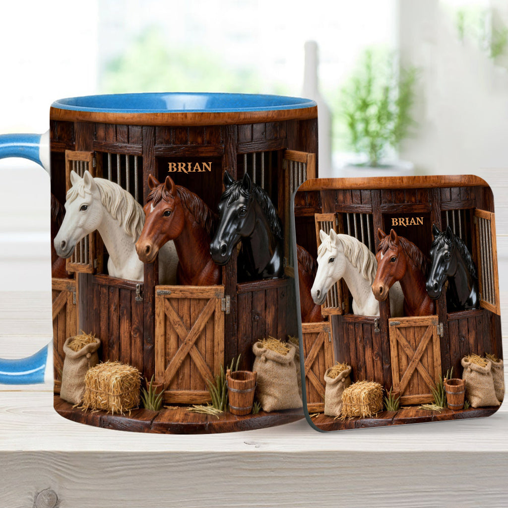 Stall – Personalisierte Tasse und Untersetzer mit Pferdemotiv