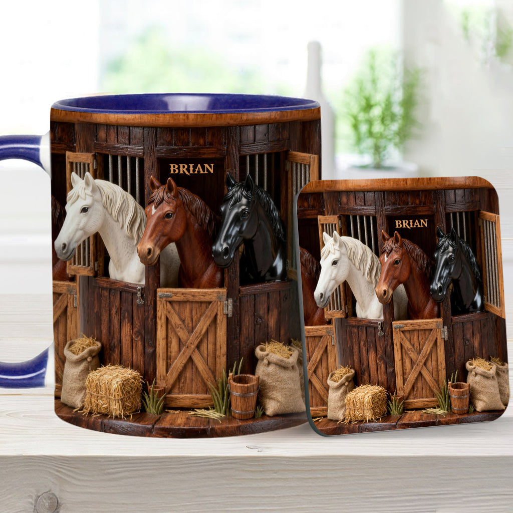Stall – Personalisierte Tasse und Untersetzer mit Pferdemotiv