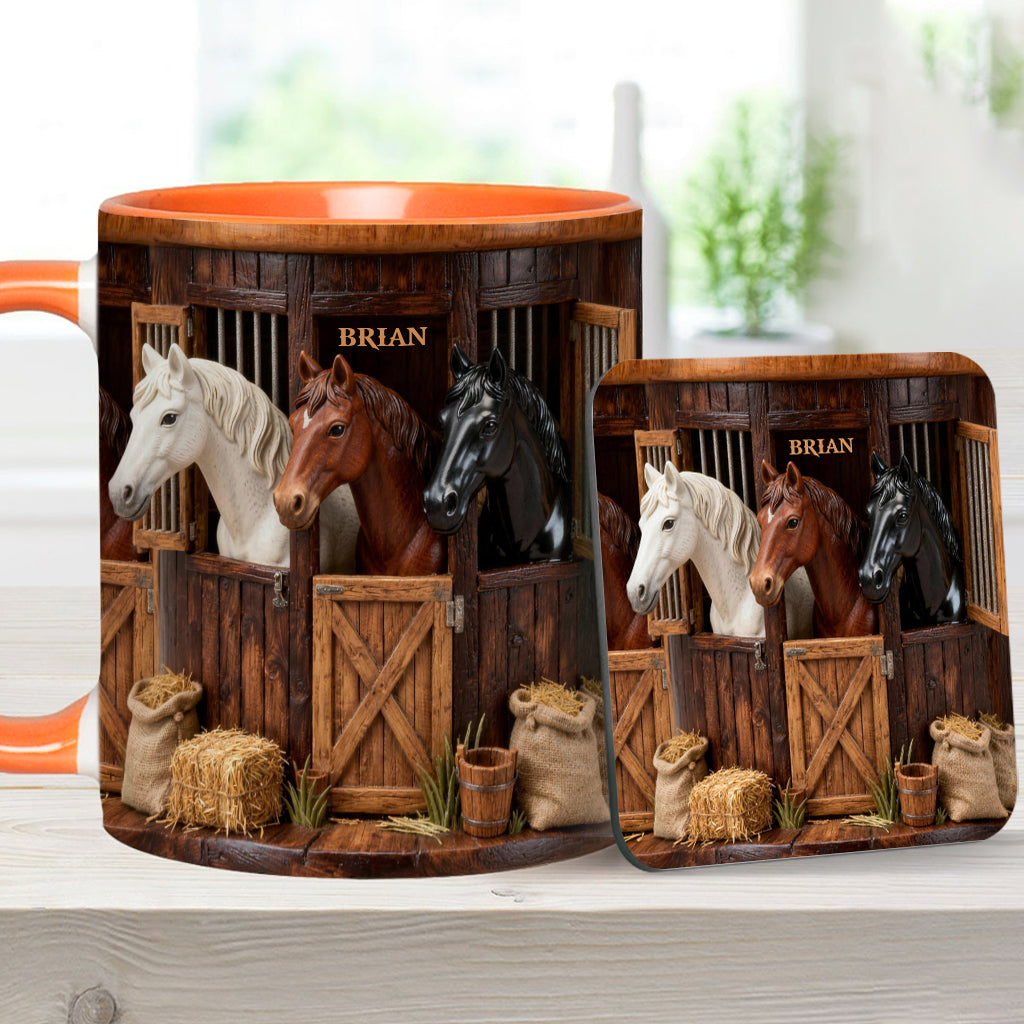 Stall – Personalisierte Tasse und Untersetzer mit Pferdemotiv