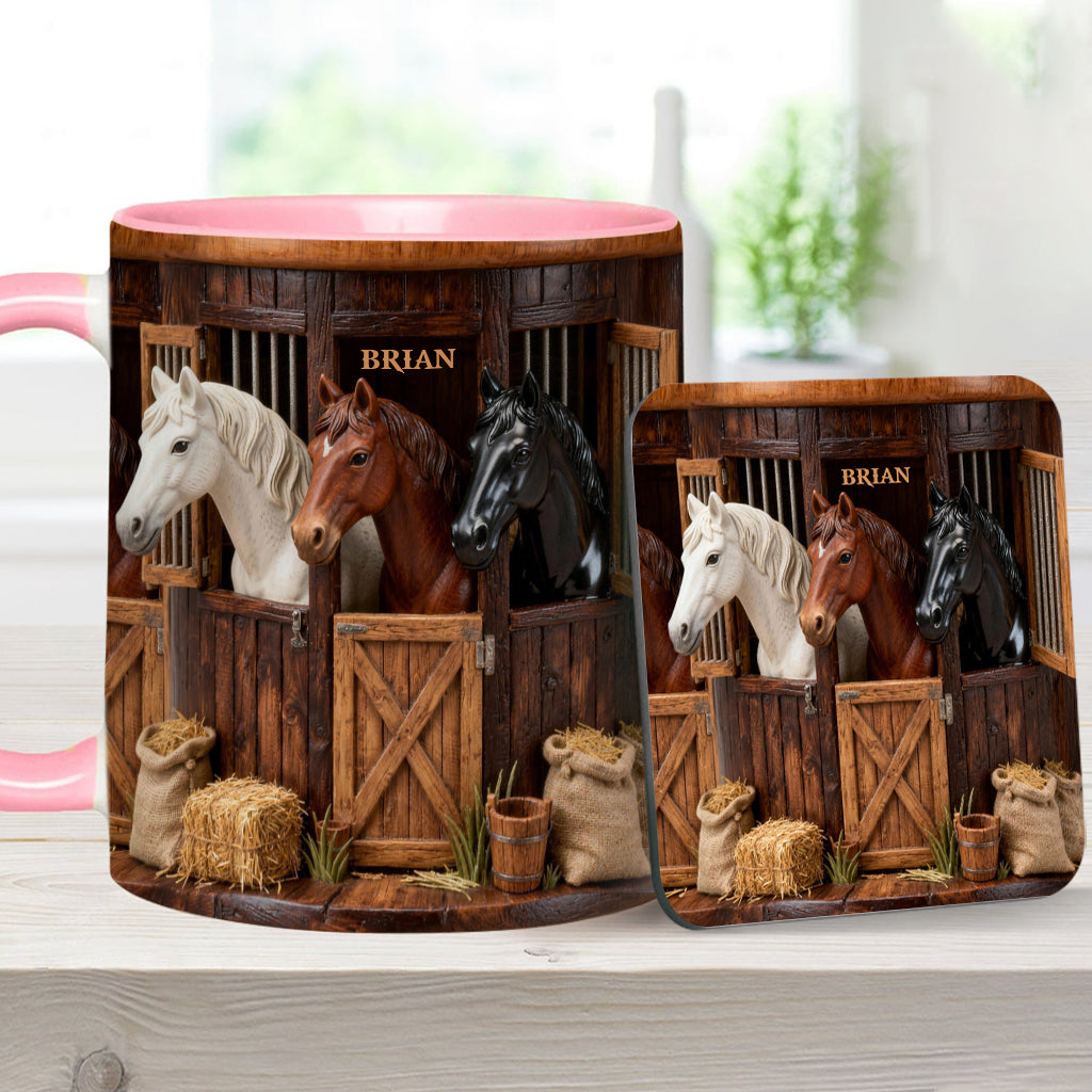 Stall – Personalisierte Tasse und Untersetzer mit Pferdemotiv