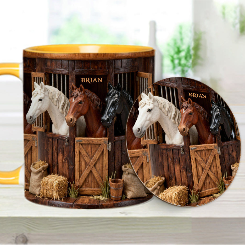 Stall – Personalisierte Tasse und Untersetzer mit Pferdemotiv
