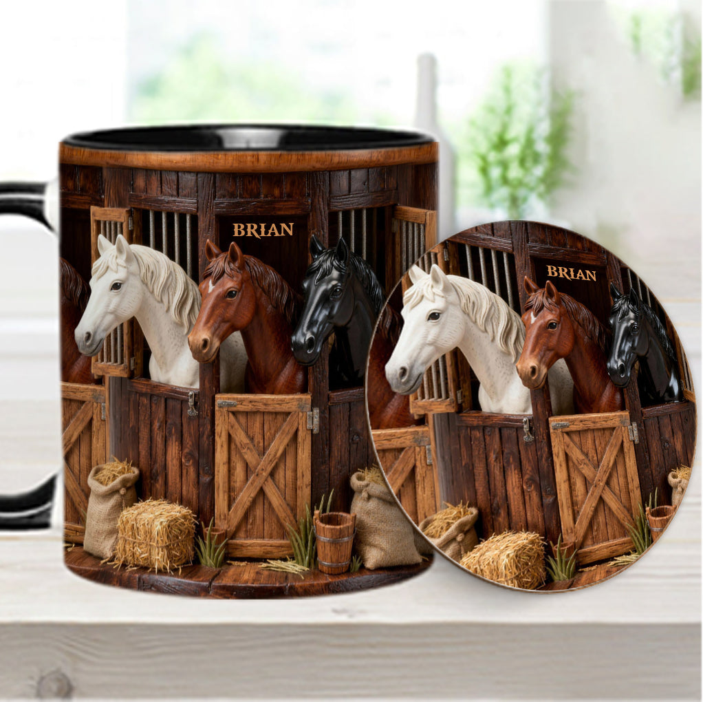 Stall – Personalisierte Tasse und Untersetzer mit Pferdemotiv