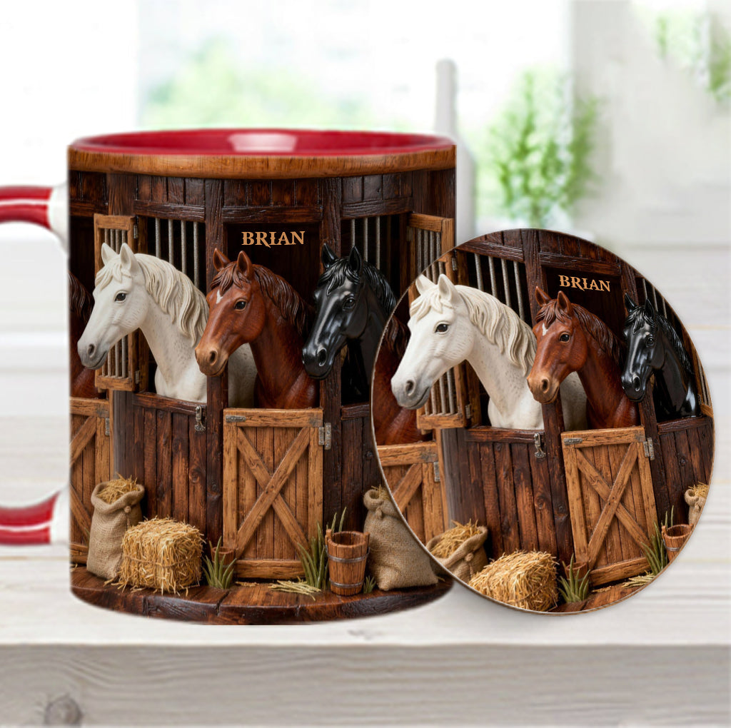 Stall – Personalisierte Tasse und Untersetzer mit Pferdemotiv