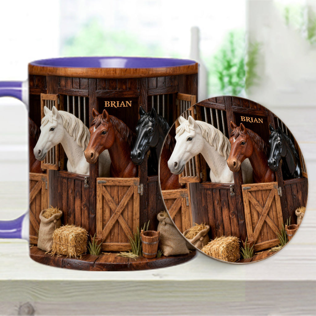 Stall – Personalisierte Tasse und Untersetzer mit Pferdemotiv