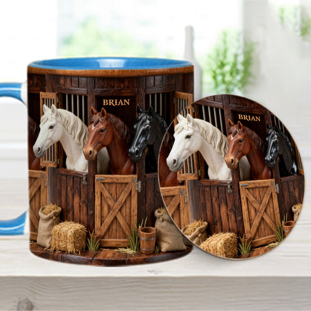 Stall – Personalisierte Tasse und Untersetzer mit Pferdemotiv
