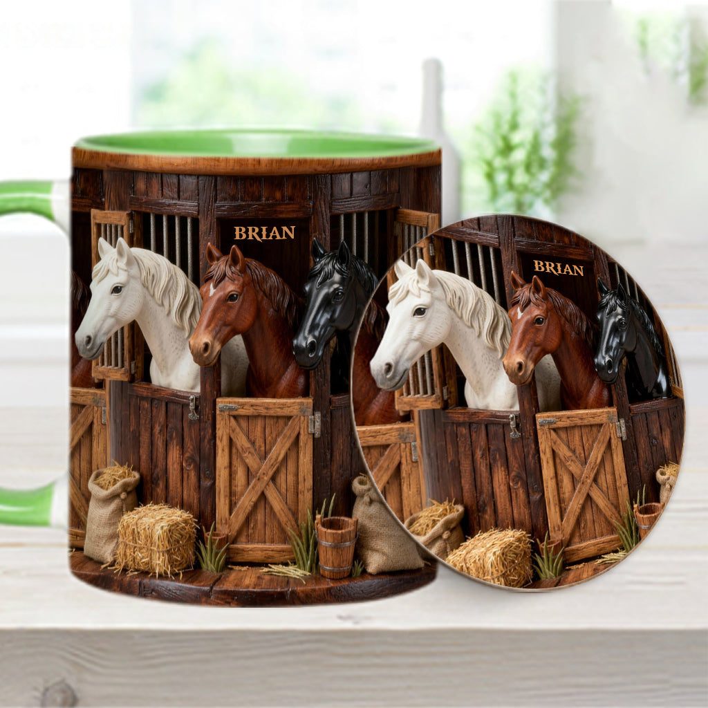 Stall – Personalisierte Tasse und Untersetzer mit Pferdemotiv