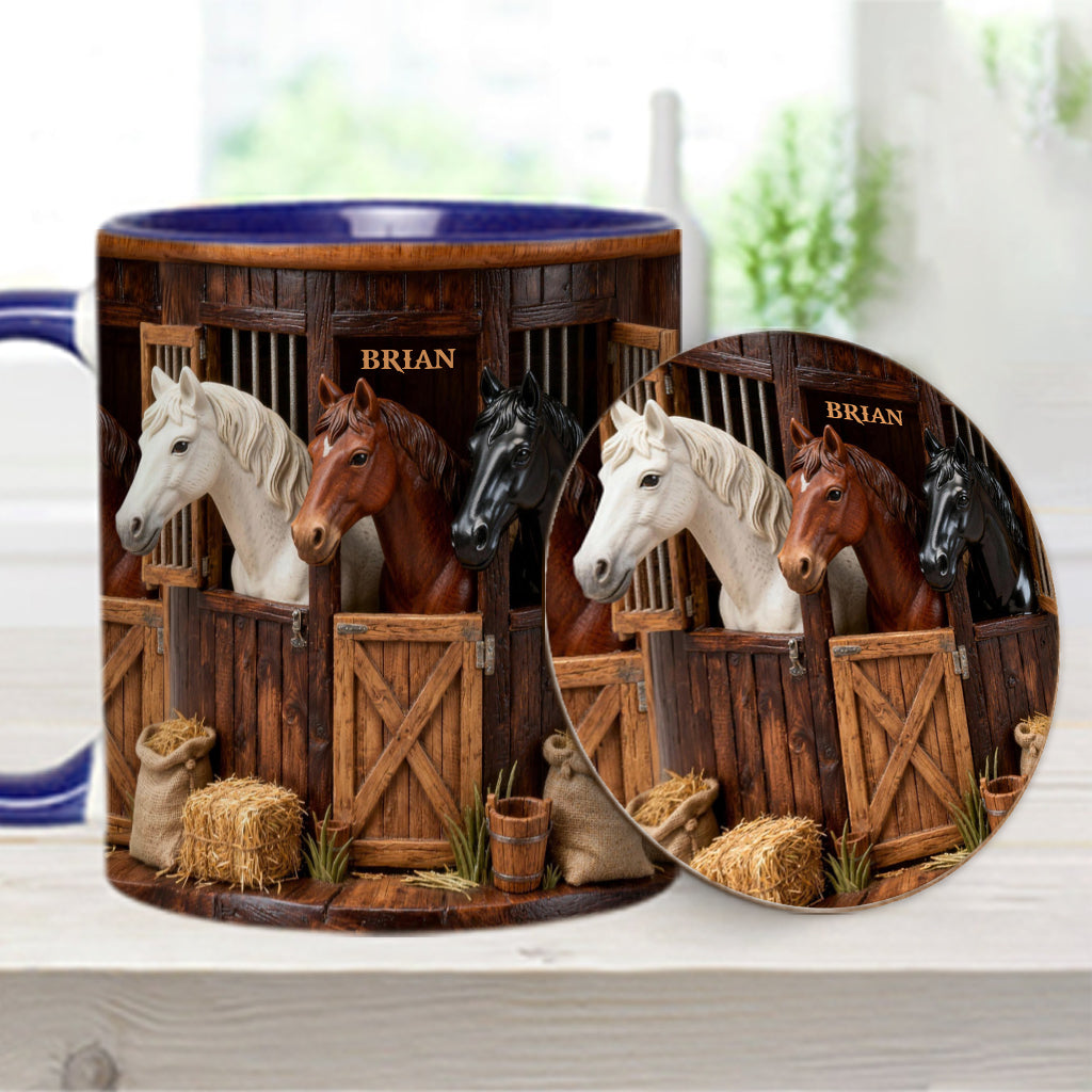 Stall – Personalisierte Tasse und Untersetzer mit Pferdemotiv