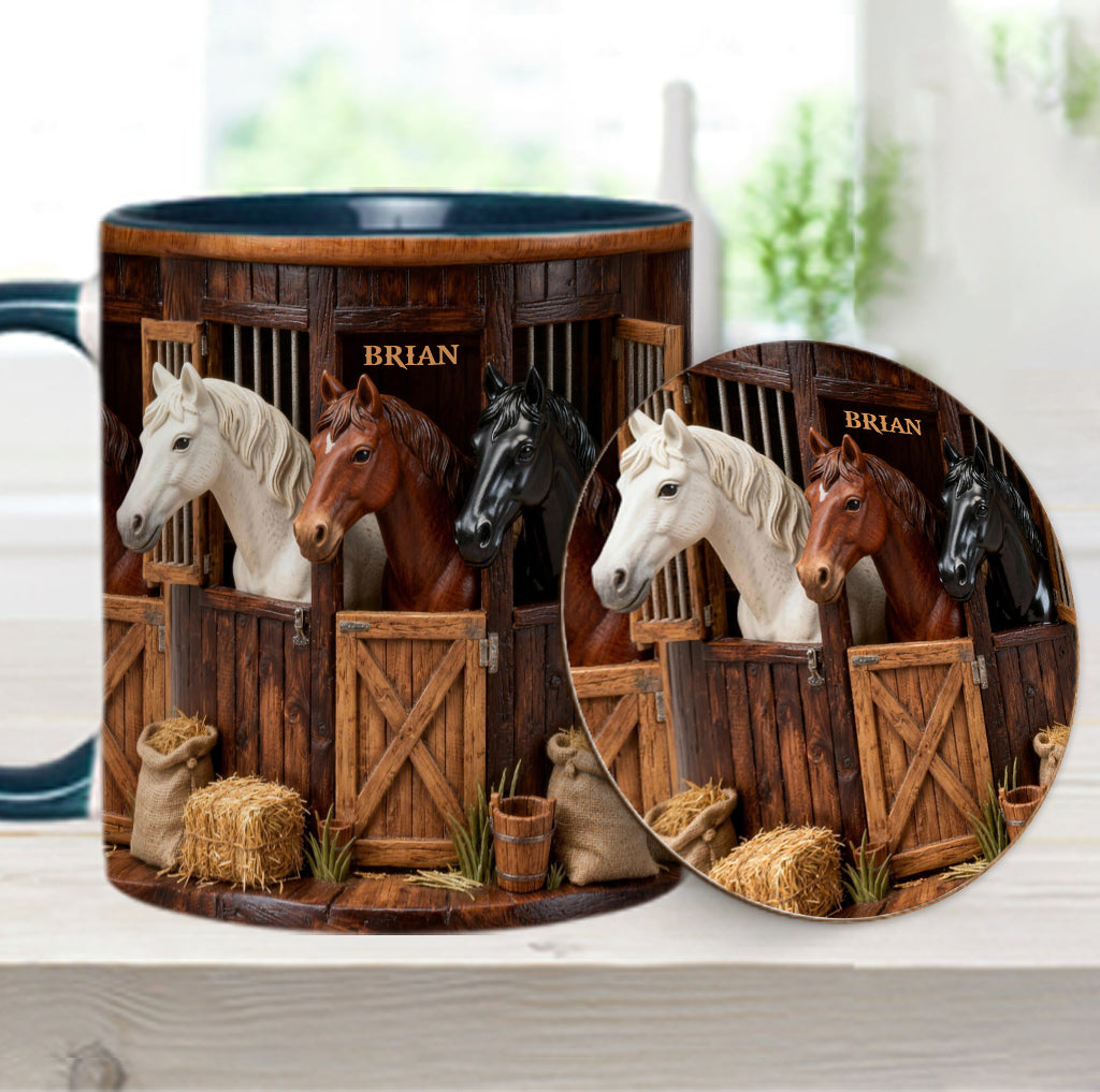 Stall – Personalisierte Tasse und Untersetzer mit Pferdemotiv