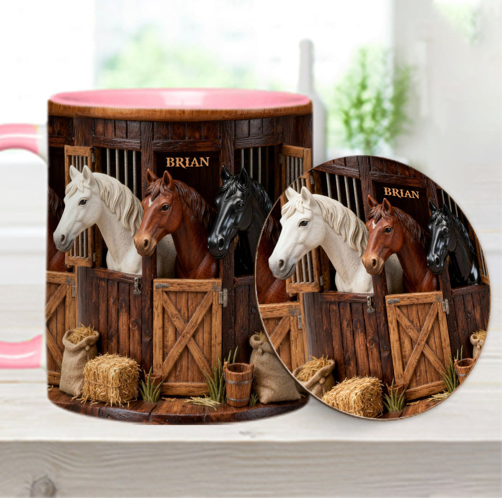 Stall – Personalisierte Tasse und Untersetzer mit Pferdemotiv