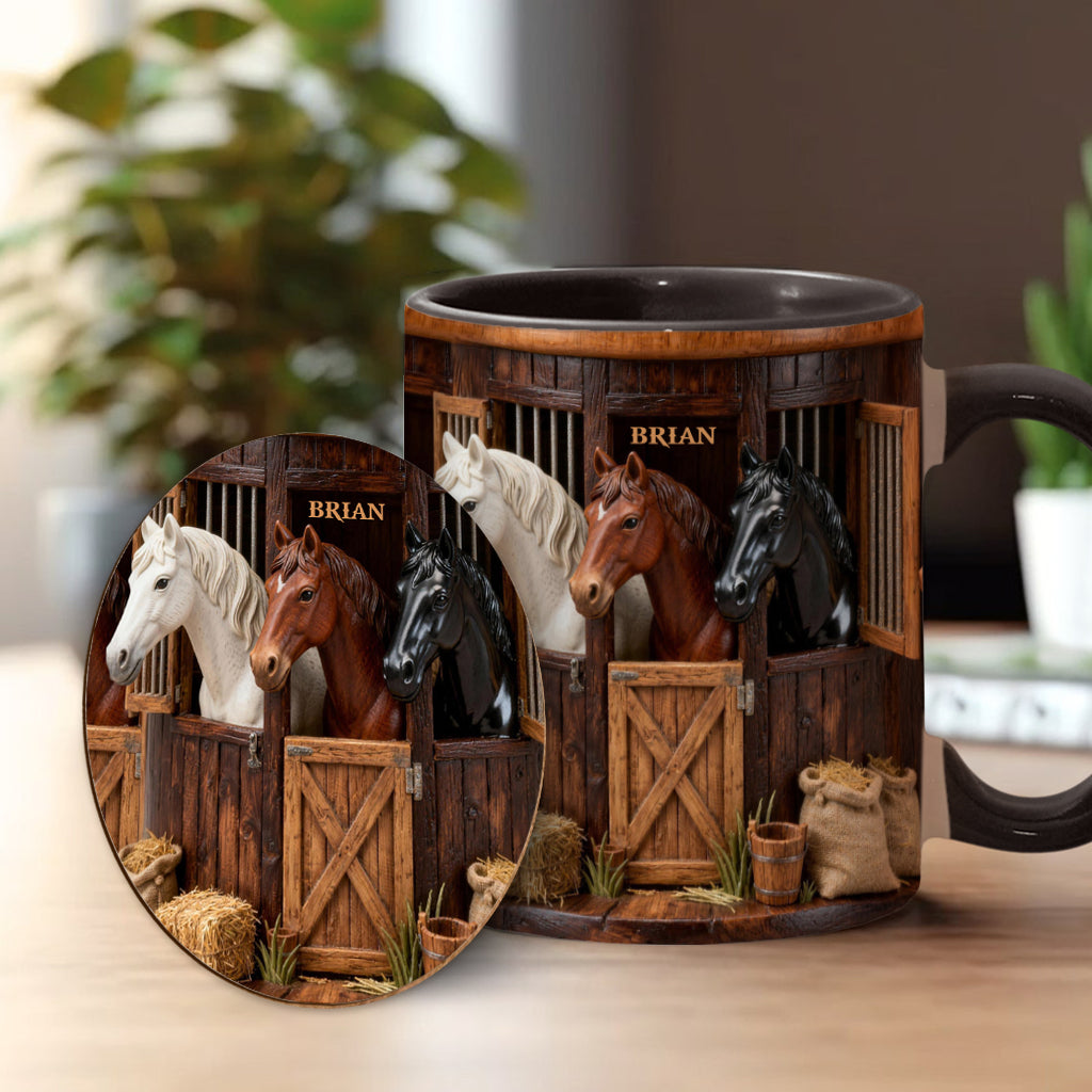 Stall – Personalisierte Tasse und Untersetzer mit Pferdemotiv