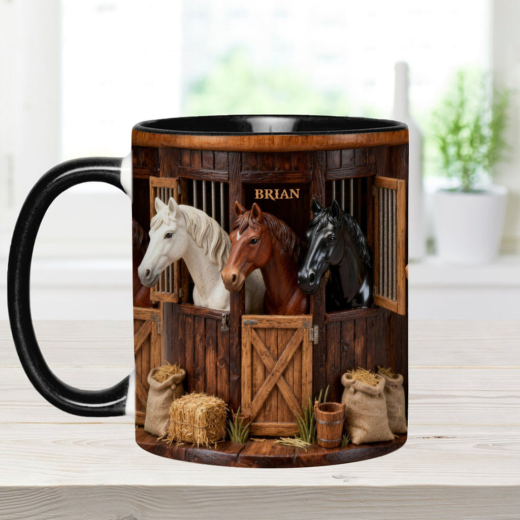 Stall – Personalisierte Tasse und Untersetzer mit Pferdemotiv