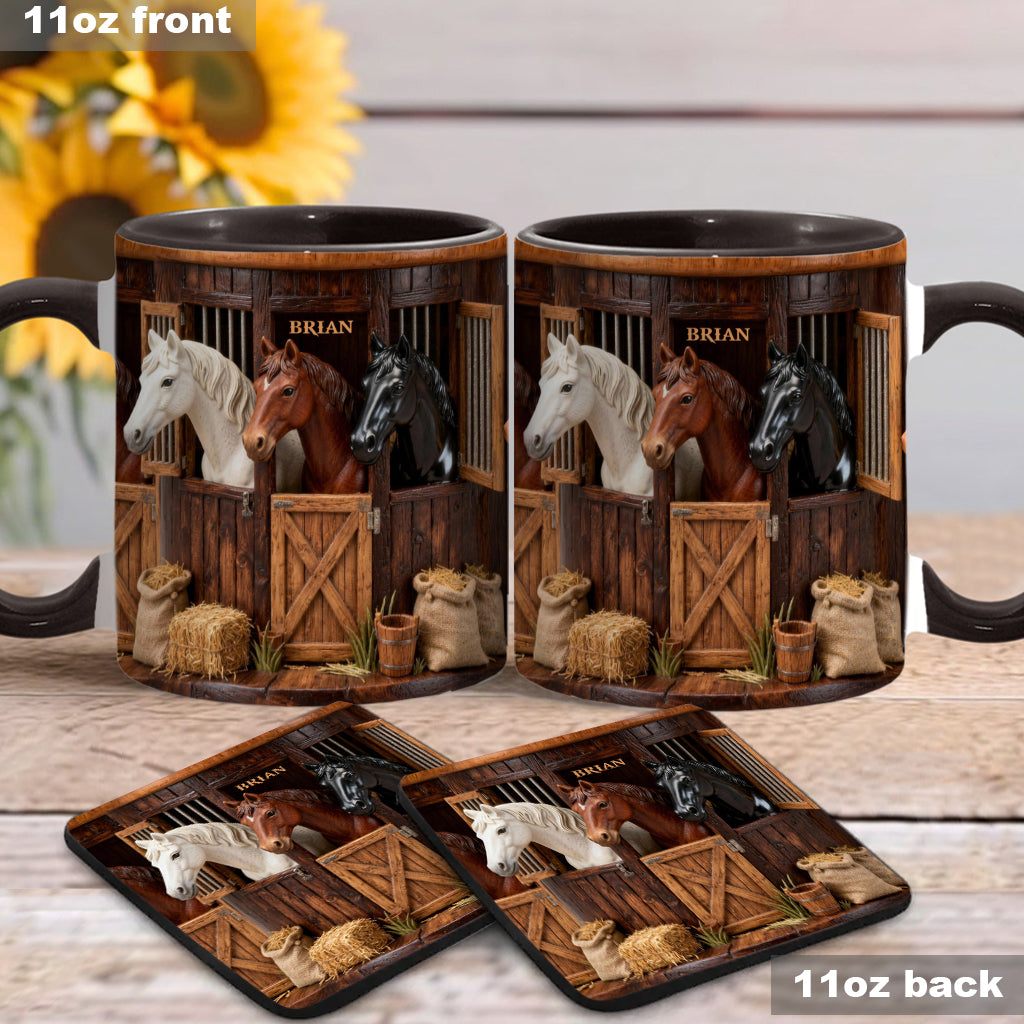 Stall – Personalisierte Tasse und Untersetzer mit Pferdemotiv