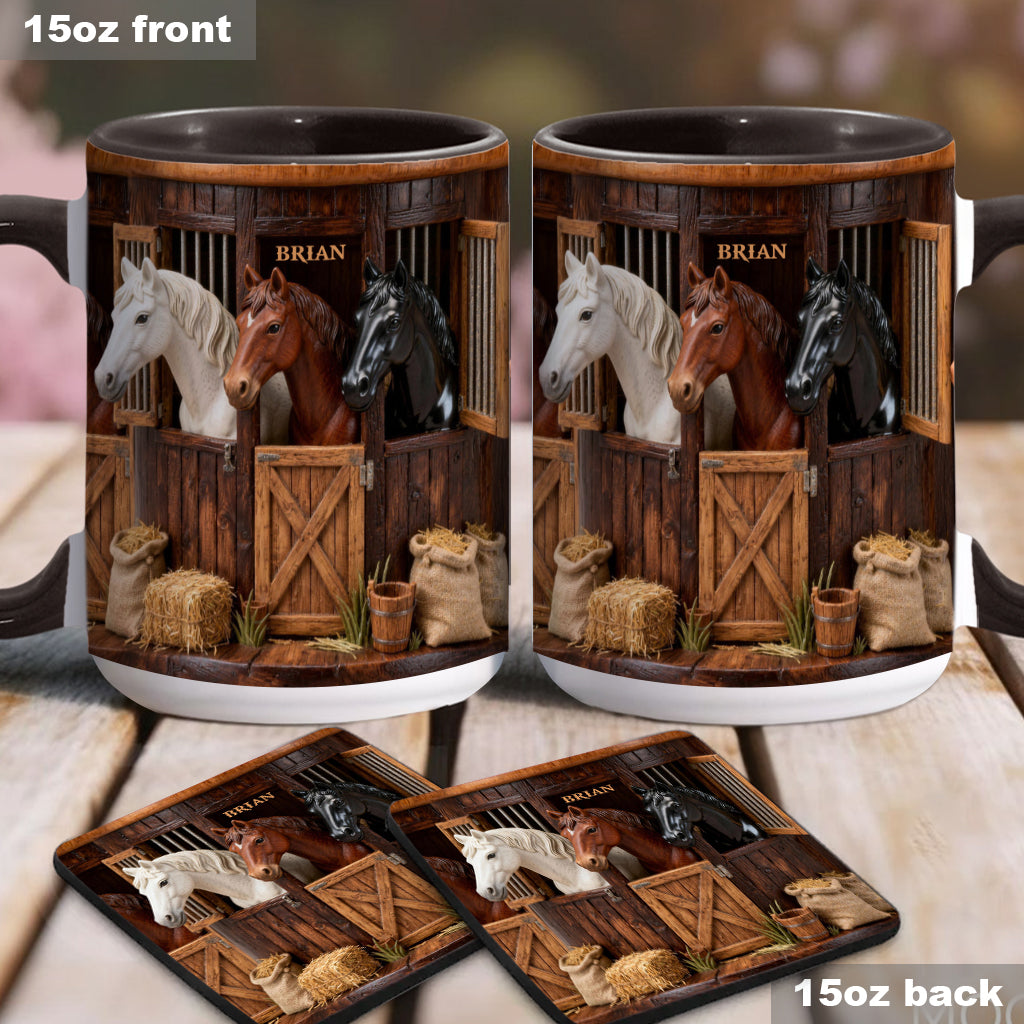 Stall – Personalisierte Tasse und Untersetzer mit Pferdemotiv