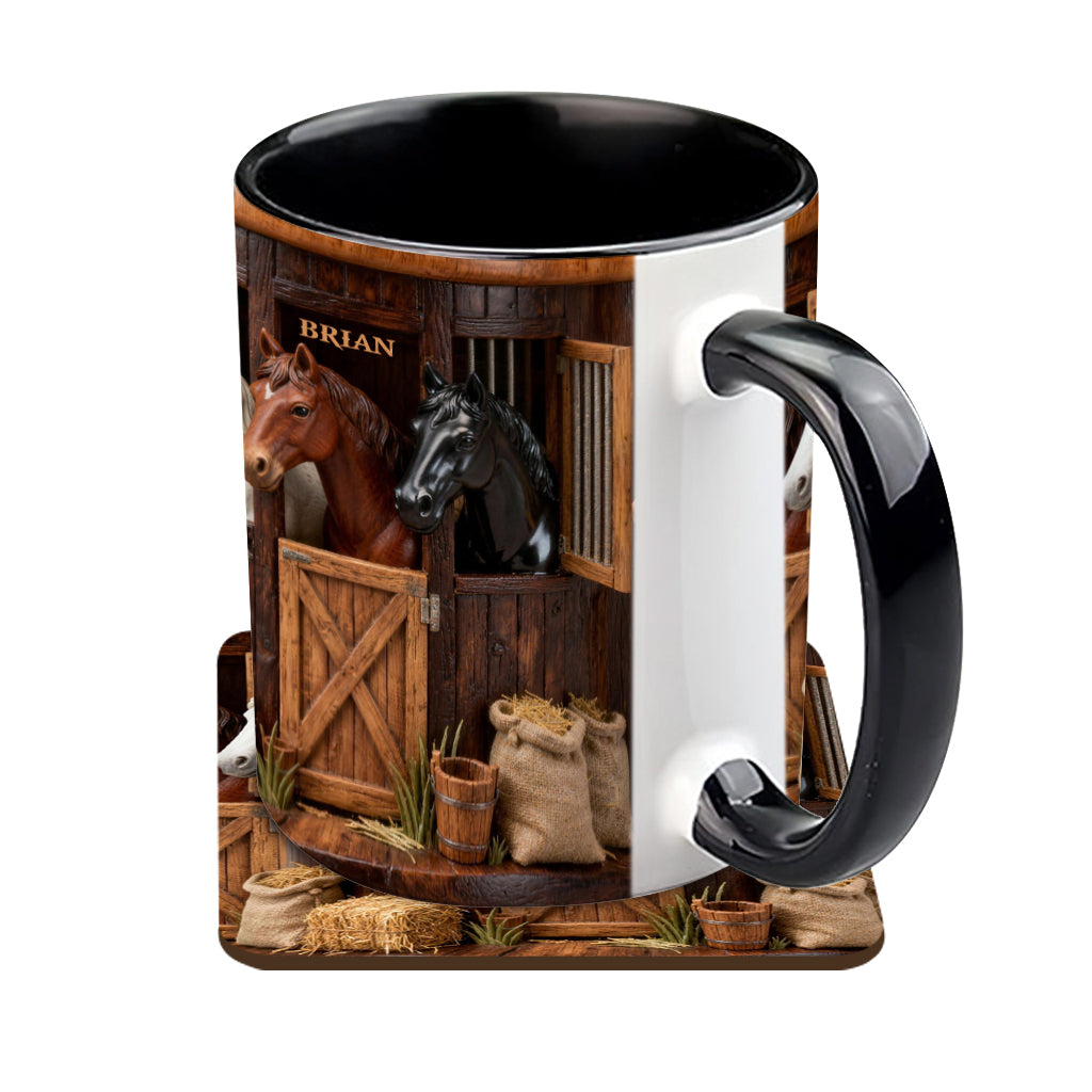 Stall – Personalisierte Tasse und Untersetzer mit Pferdemotiv