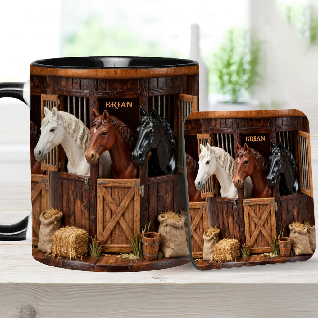 Stall – Personalisierte Tasse und Untersetzer mit Pferdemotiv
