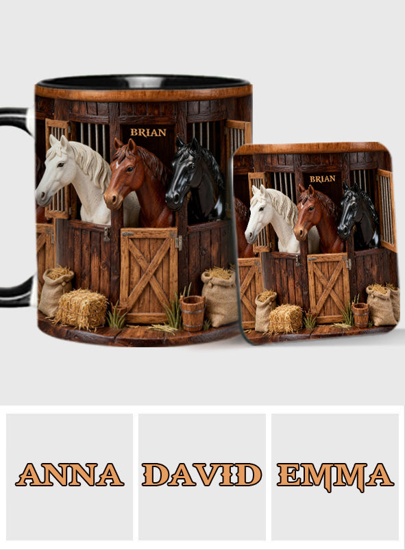 Stall – Personalisierte Tasse und Untersetzer mit Pferdemotiv