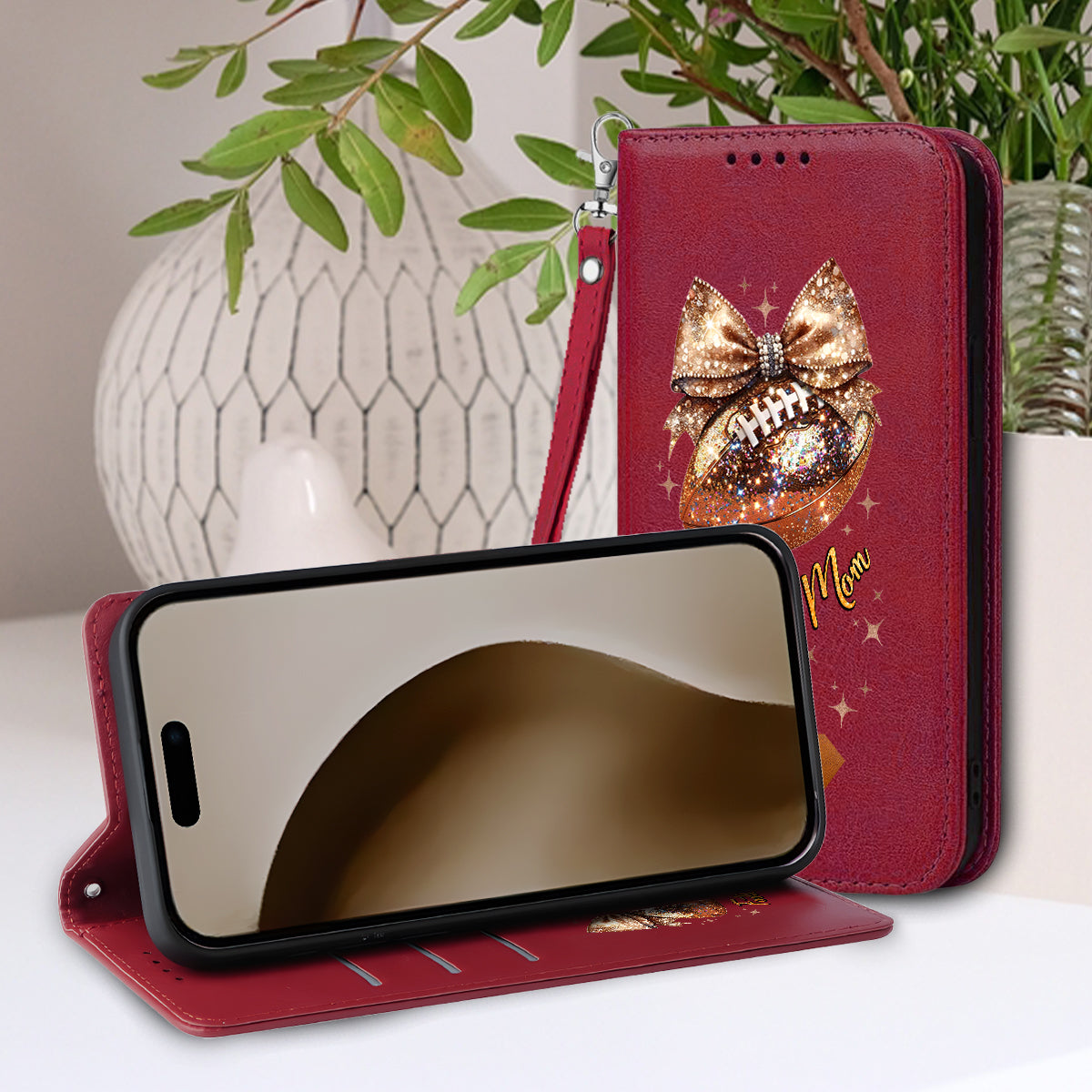 Étui portefeuille pour téléphone à paillettes en forme de ballon de football - Personnalisé et avec bandoulière