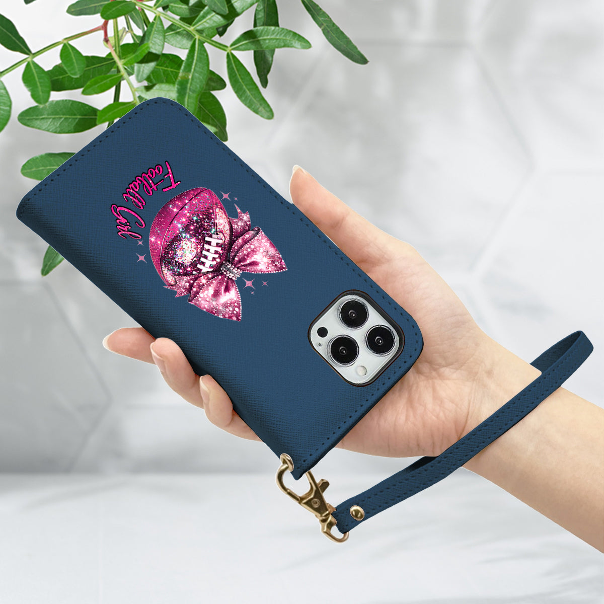 Étui portefeuille pour téléphone à paillettes en forme de ballon de football - Personnalisé et avec bandoulière