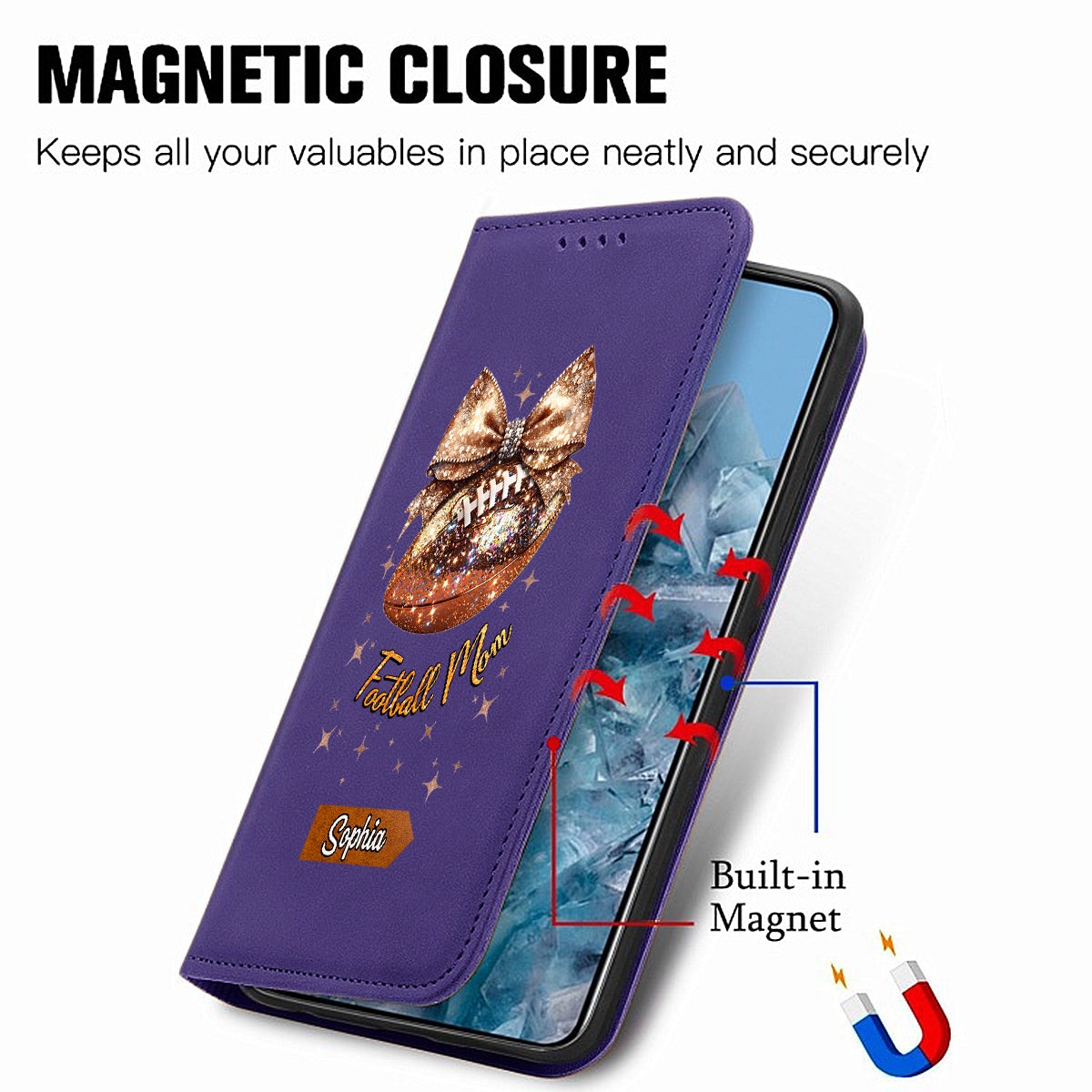 Étui portefeuille pour téléphone à paillettes en forme de ballon de football - Personnalisé et avec bandoulière