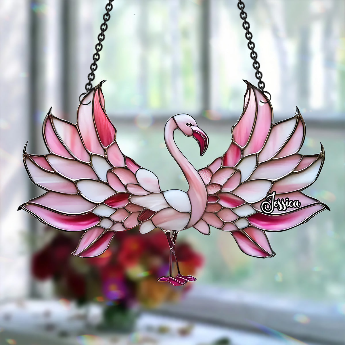 J'adore les flamants roses - Ornement attrape-soleil personnalisé à suspendre à la fenêtre, motif flamant rose 