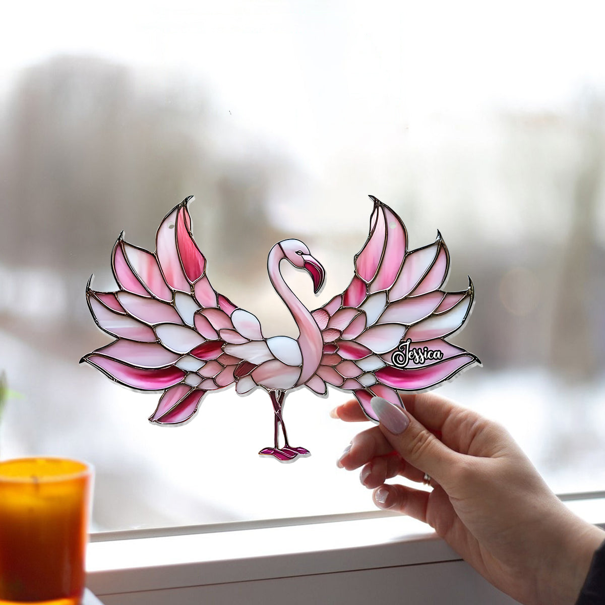 J'adore les flamants roses - Ornement attrape-soleil personnalisé à suspendre à la fenêtre, motif flamant rose 