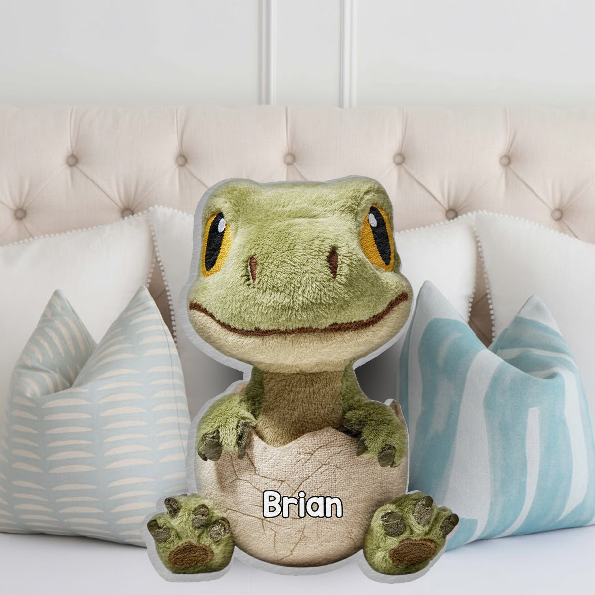 Liebe Dinosaurier - Personalisiertes Kinderkissen aus Kunstfell in Dinosaurierform