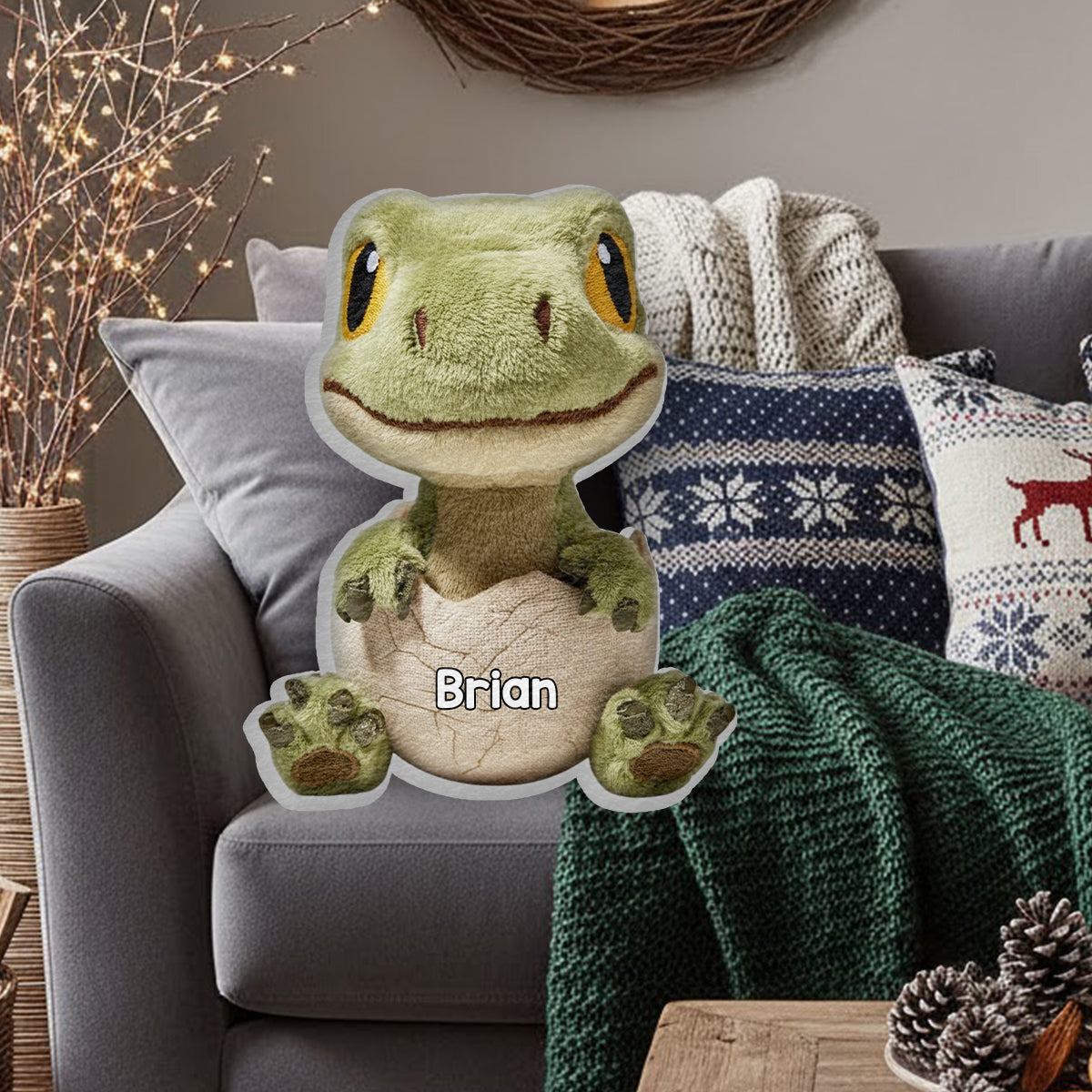 Liebe Dinosaurier - Personalisiertes Kinderkissen aus Kunstfell in Dinosaurierform