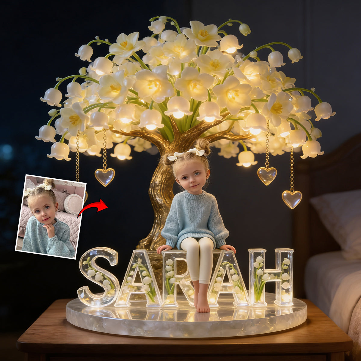 Veilleuse LED acrylique personnalisée pour enfant, avec photo et fleur du mois de naissance - Personnalisation possible.