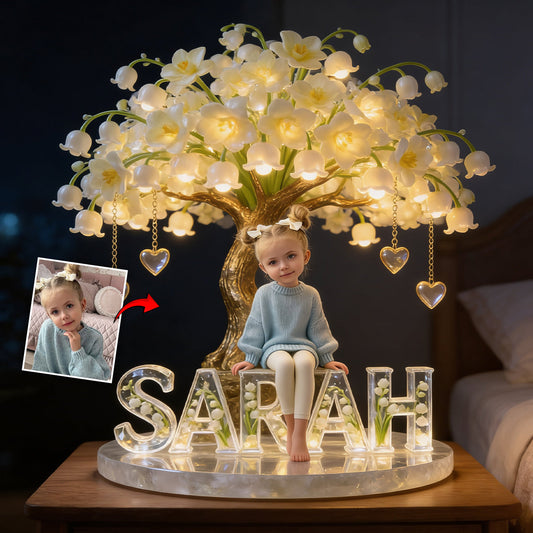 Veilleuse LED acrylique personnalisée pour enfant, avec photo et fleur du mois de naissance - Personnalisation possible.