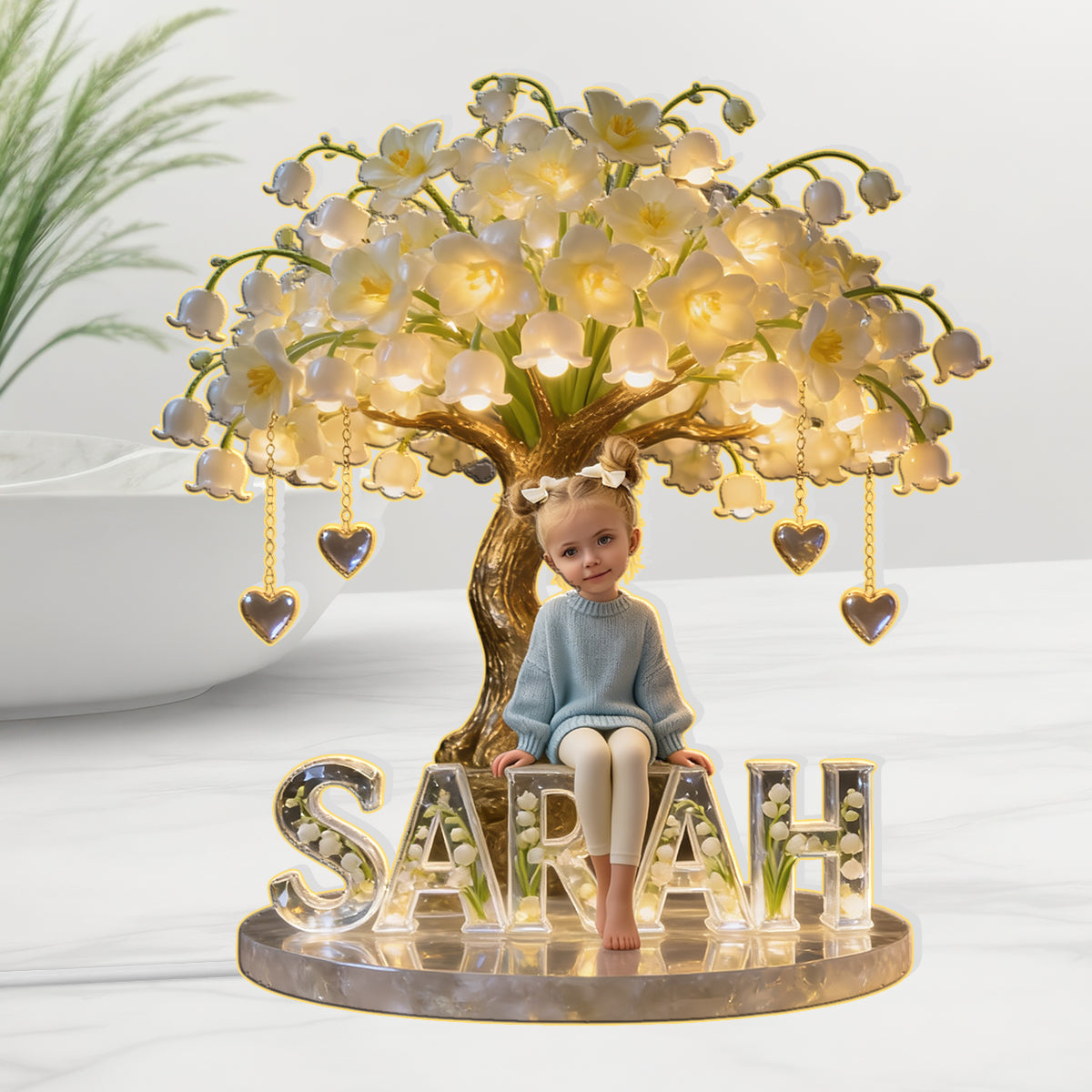 Veilleuse LED acrylique personnalisée pour enfant, avec photo et fleur du mois de naissance - Personnalisation possible.