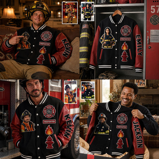 Jeder Foto Stolzer Feuerwehrmann - Personalisierte Feuerwehr Varsity Jacke