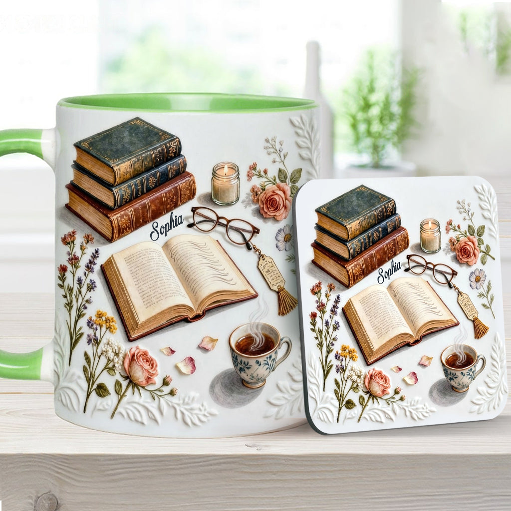 Une fille qui aime les livres - Mug et sous-verre personnalisés avec motif livre