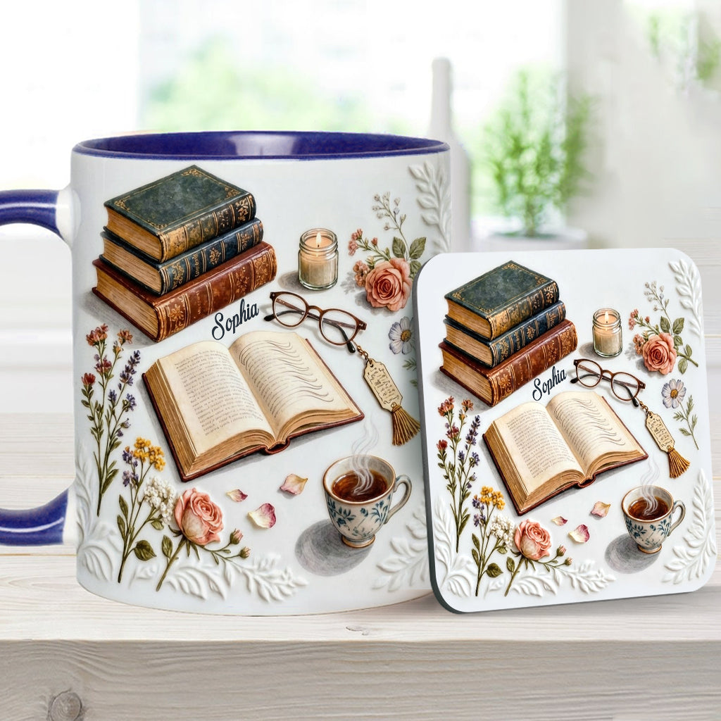 Une fille qui aime les livres - Mug et sous-verre personnalisés avec motif livre