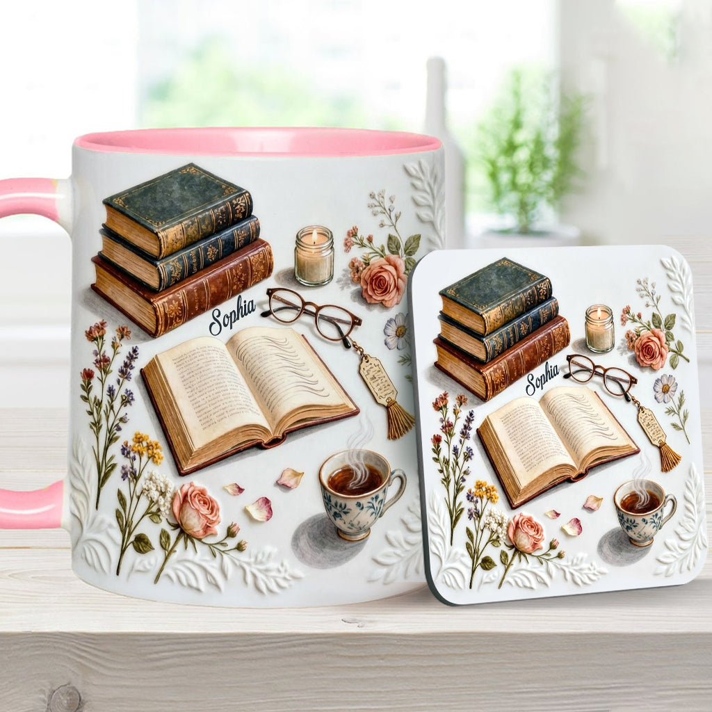 Une fille qui aime les livres - Mug et sous-verre personnalisés avec motif livre