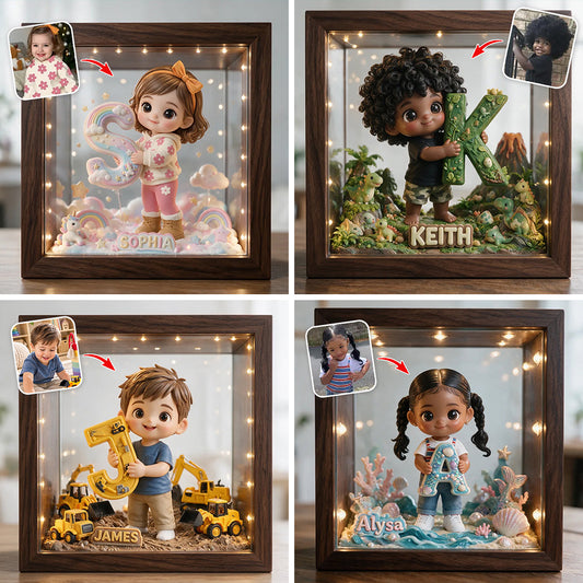 Coffret Cadeau Personnalisé Pour Enfant, Dinosaure/ Licorne/ Sirène/... - Cadre LED en Bois Personnalisé