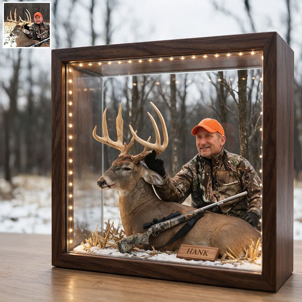 Miniature Style Gift, Custom From Any Photo - Personalized Hunting Wooden Frame LED Light
