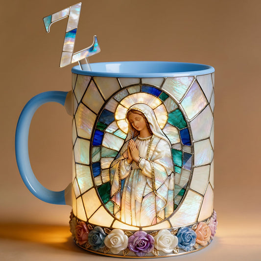 Unsere Liebe Frau der Gnade – Personalisierte christliche Tasse mit Acryl-Rührstäbchen