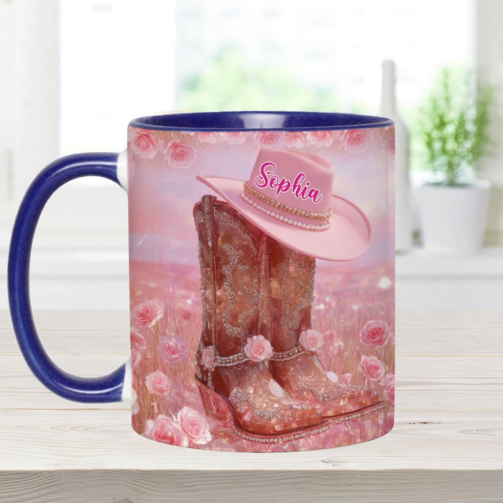 Personalisierte Tasse mit Cowgirl-Motiv und Blumenmuster