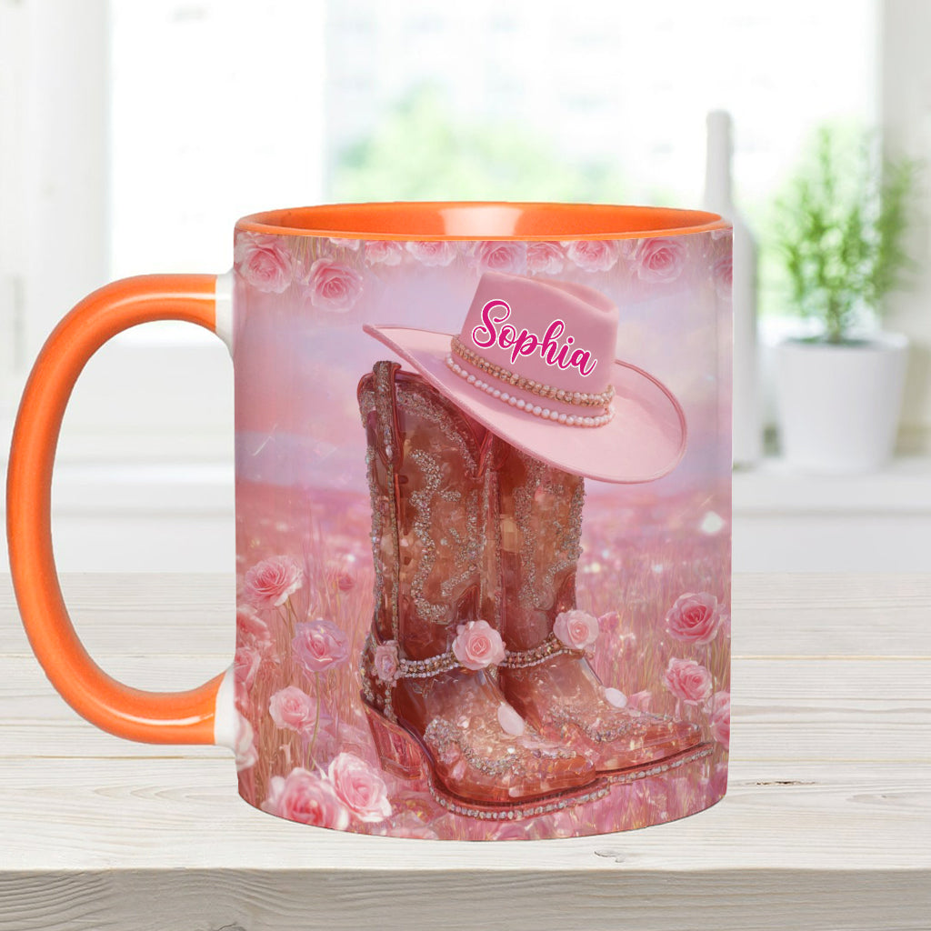 Personalisierte Tasse mit Cowgirl-Motiv und Blumenmuster